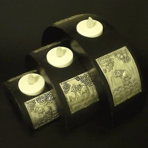 Vintage 90s Elephant Stamped Metal Wooden Space Saver Candle Holders - Picture 3 of 11